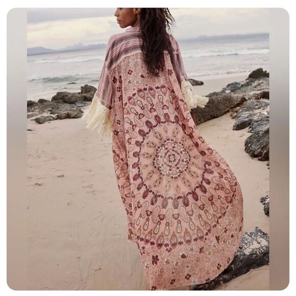 Free People Watching Waves Maxi Shirt Dress Cover Up Button Duster - Picture 2 of 4